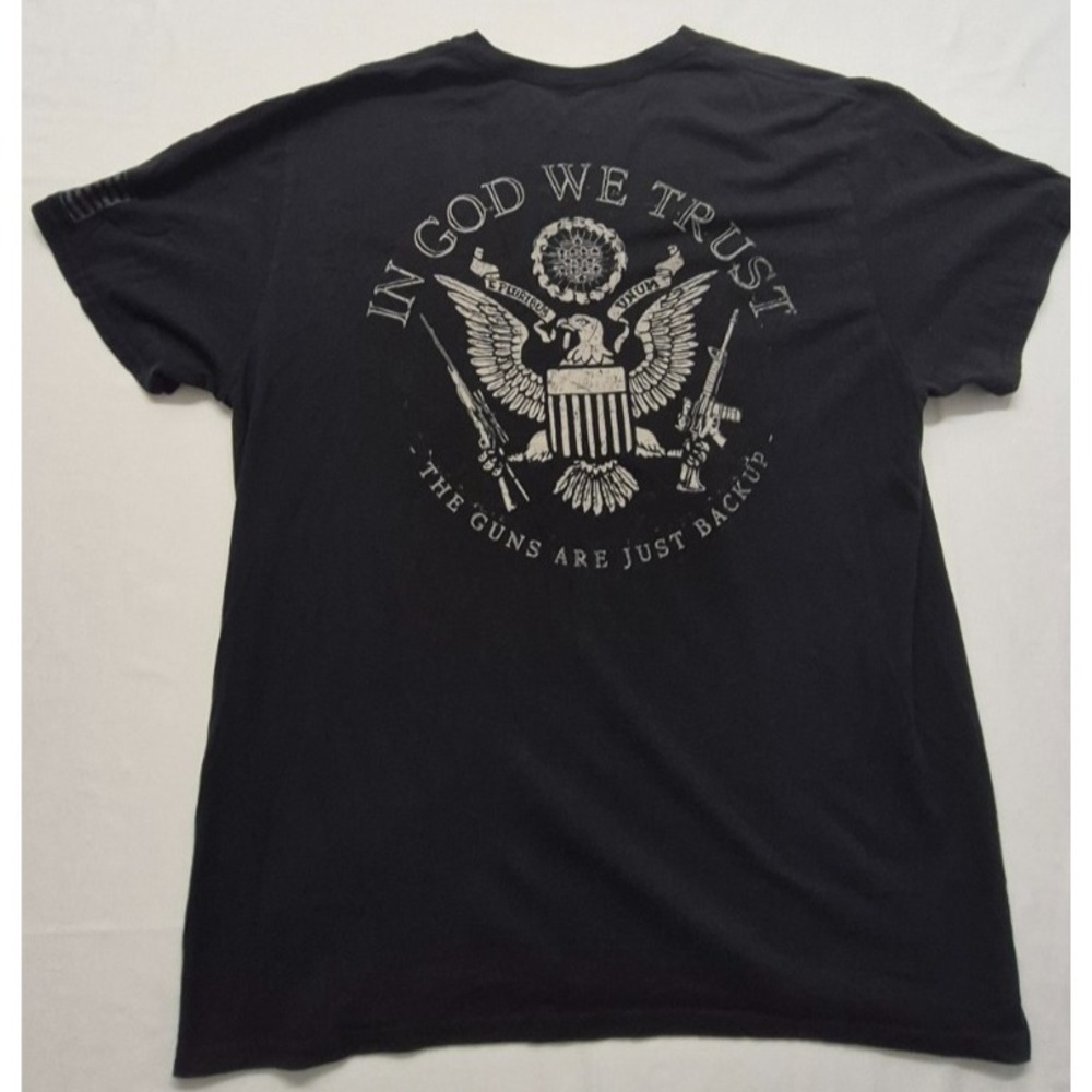 Buck Wear men's black graphic t-shirt XL "In God We Trust G#ns Are for Backup"‎